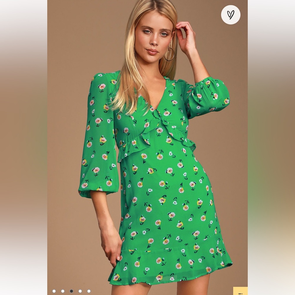 Lulu’s Field of Vision Green Floral Print Long Sleeve Mini Dress Feminine Medium - Picture 3 of 16